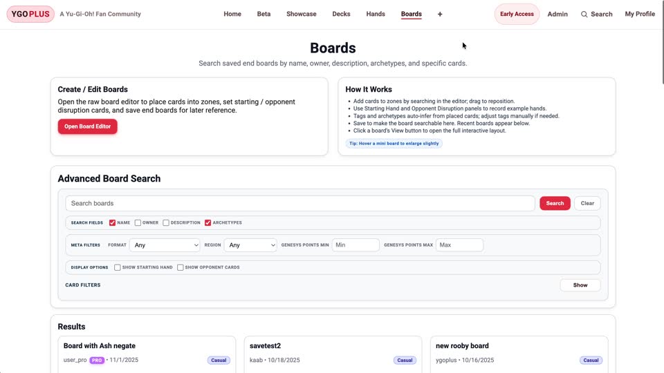 Search boards by combo, hand, and disruption. preview